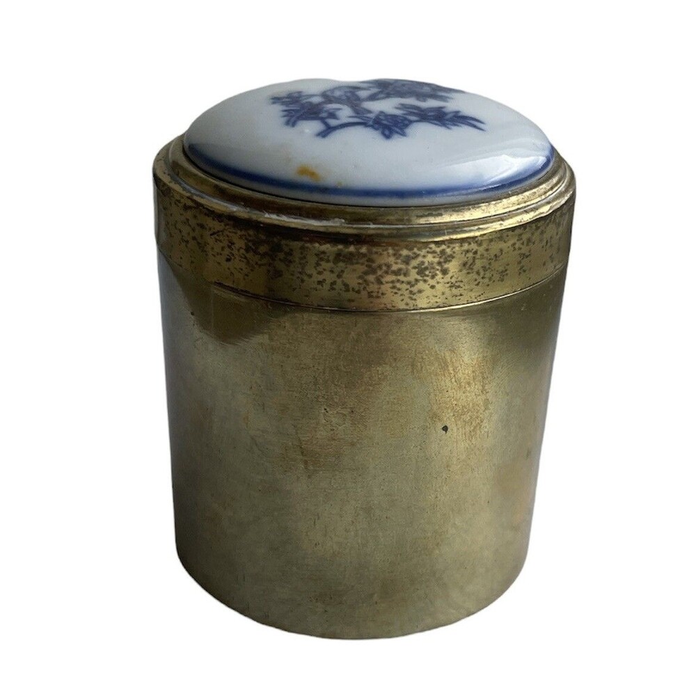 Round Brass Container with Removable Ceramic Painted With bird On Tree Branch